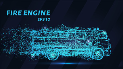 Fire truck of blue glowing dots. A fire truck is made up of particles. Vector illustration.