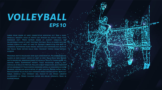 Volleyball of blue glowing dots. Volleyball is made up of particles. Vector illustration.