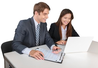 Happy Employees Using a Computer  - Isolated