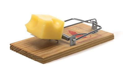 Mouse Trap Baited with a Piece of Cheese, Isolated on White