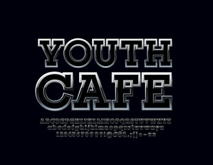 Silver Logo with text Youth Cafe. Vector set of chrome Alphabet Letters, Numbers and Symbols. Metallic dark Font.
