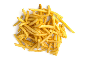 French fries on a white background. A pile of finished french fries close-up on a white background.