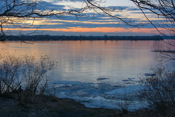 Sunset over the Dnipro river in Kyiv, Ukraine in the early spring