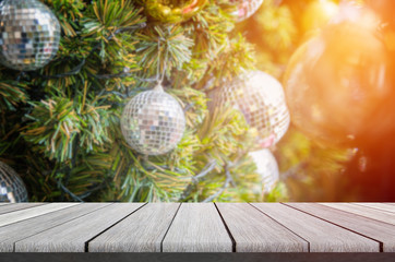 wood shelf on blurred Christmas decoration background