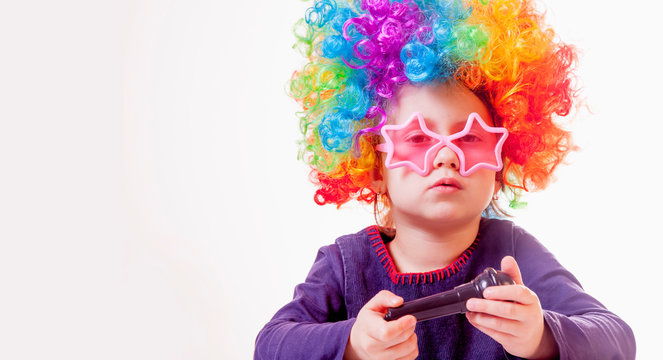 The famous actress. Humorous photo of cute child girl with a microphone. Happy childhood, teaching singing, music, child development concept.