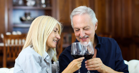 Mature couple toasting wine glasses to celebrate a special occasion