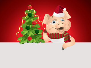 Christmas character pig. A pig in a striped scarf and Santa's red hat with a Christmas tree. Place for text. Christmas card, poster, composition. Vector illustration.