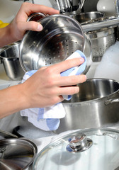 WOMAN DRYING POTS AND PANS