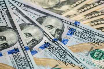 Closeup of dollar banknotes. American cash money background.