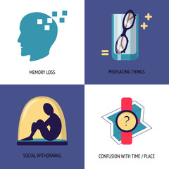 Set of Alzheimer s disease symptoms icons in flat style