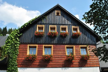 Drewniana ściana domu i pelargonie w oknach
