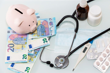 Tablets and pills on euro notes, concept of expensive healthcare.