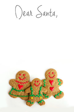 Christmas Gingerbread Cookie Family on White Background with Dear Santa Letter Header at Top