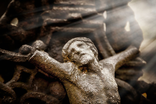 The crucifixion of Jesus Christ. Antique statue. Religion concept.