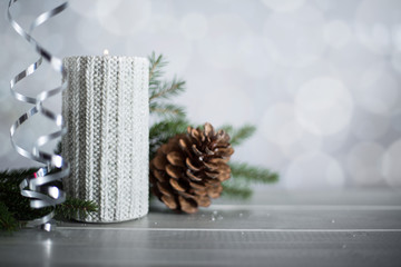 Silver Christmas candle with ribbon