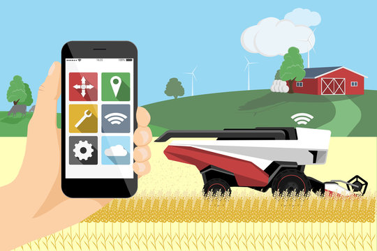 Control of autonomous harvester by mobile app. Smart farming concept