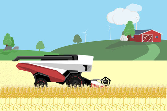 Autonomous harvester on a wheat field. Vector illustration