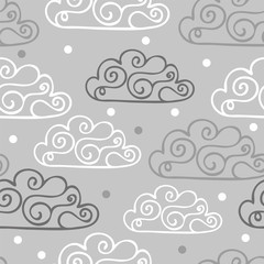 Hand-drawn seamless pattern with cute clouds, stars on a gray background.