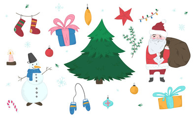 Cute big colorful collection of doodle light outline Christmas elements including fir, Snowman, Santa Claus, giftboxes, mittens, stocking for new year banner design, labels, coloring books, kids apps
