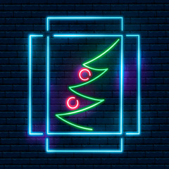 Neon fir in window on brick wall