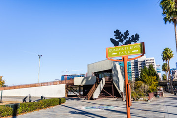 Sign posted to the entrance to Guadalupe River park close to downtown San Jose, south San Francisco...