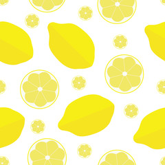 Fruit seamless background of bright light yellow whole lemons and round slices on a white background. Flat endless texture for wrapping, textile, paper. Vector illustration. Food packaging design