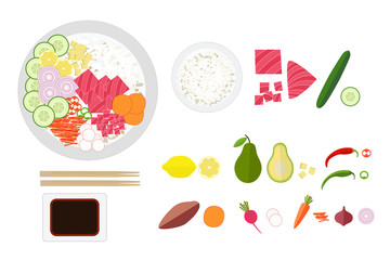 Tuna poke bfrowl and set of ingredients vegetable and fruit and plate of soy sauce and sticks for meal. Flat avocado, cucumber, carrot, pepper, rice, tuna, lemon, radish, yam, onion isolated on white