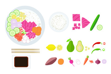 Tuna poke bfrowl and set of ingredients vegetable and fruit and plate of soy sauce and sticks for meal. Flat avocado, cucumber, carrot, pepper, rice, tuna, lemon, radish, yam, onion isolated on white