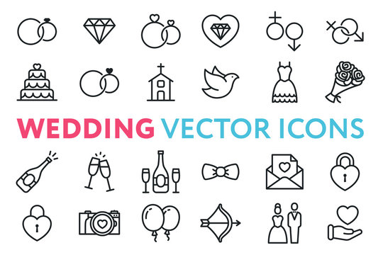 Wedding, Marriage, Engagement, Bridal Flat Line Vector Icon Set. Valentine Day. Love, Heart, Bride, Groom, Wife, Husband. Rings, Cake, Chapel, Dove, Dress, Bouquet, Champagne, Invitation.