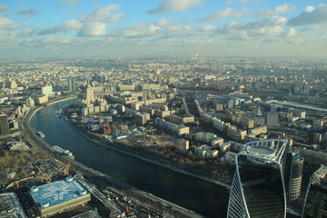 Fototapeta na wymiar Top view on Moscow from city skyscraper in sunny november day