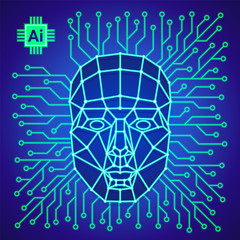 Big data and artificial intelligence concept. Human face consisting of polygons, points, lines and binary data flow on blue background. Machine learning and cyber mind. Vector illustration.
