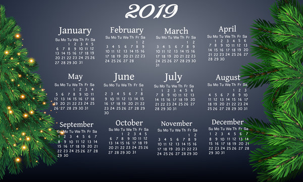 Calendar for the new year 2019, a beautiful red bow and bright lights. The radiance of light and celebration of the new year and Christmas.