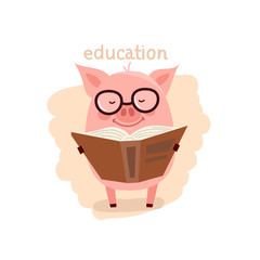 vector cute pig wearing glasses reading a book education concept