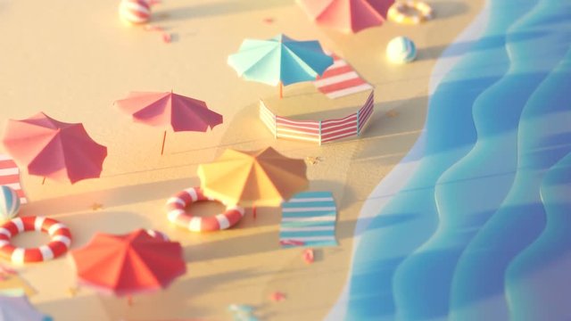 Stylized summer sea and beach with colorful umbrellas. Vacations, holiday, fun.