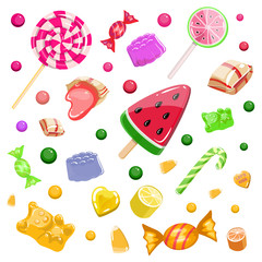 Colorful background with desserts, candies, caramel in beautiful wrapper, marmalade, ice cream, multicolored dragee, lollipop, vector illustration