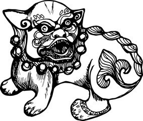 Black white illustration of a chinese lion. History and protection.
