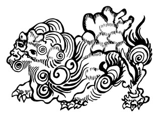 Black white illustration of a chinese lion. History and protection.