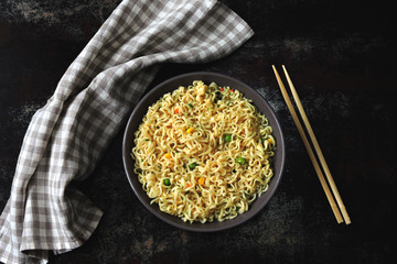 Noodle Bowl. Chinese noodles. Top view
