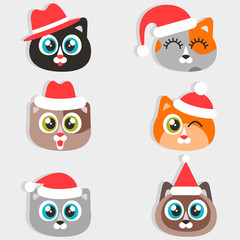 Icons of funny cartoon cats with Christmas hats