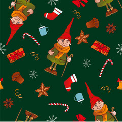 Fototapeta premium New Year's Christmas pattern for print. Little gnome with symbols of the new year, muffins, stars, cake, pastries, star Anise, ginger biscuits, sweets.
