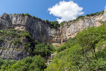 Fototapeta na wymiar Green forest around Waterfall Skaklya near village of Zasele at Vazov trail, Balkan Mountains, Bulgaria