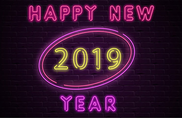 Happy New Year 2019 neon luminous poster on brick textured background.