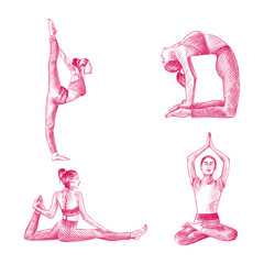 Set of Hand drawn woman practicing yoga poses. Vector illustration of yoga poses in sketch style isolated on white background. Asanas sketches