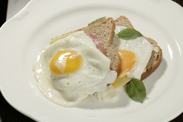 A shot of two sandwiches with bread and fried egg