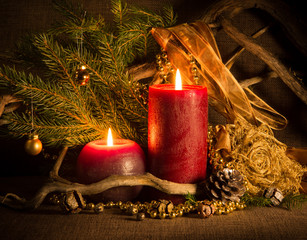  Christmas tree and decorations, decorated candles and driftwood.