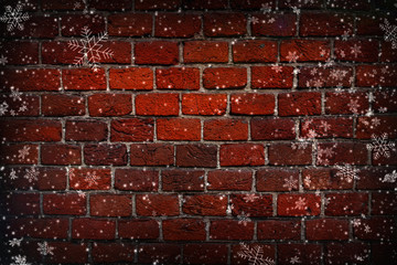 Abstract Christmas background. Red brick wall close-up, texture, background, grunge. White...