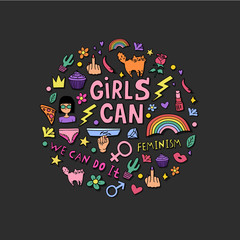 Girly doodles and hand drawn phrases for feminism concept design, girl's t-shirt print. Hand drawn fancy comic feminism slogan in cartoon style. Color vector illustration on black background