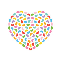 Vector cartoon style illustration of heart made of little jelly beans candies for confectionery and valentines day design.