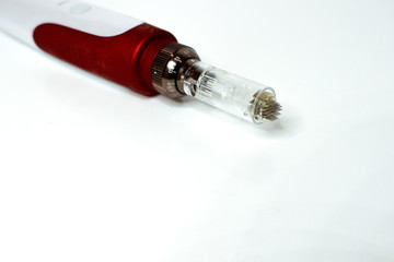 Dermis stamp electric pen. Dermapen. Needle mesotherapy treatment. 