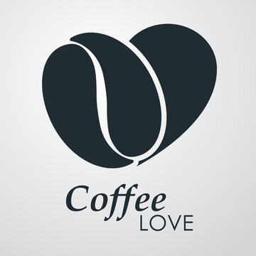 Logotipo abstracto con grano de café como corazón y texto Coffee Love en fondo gris